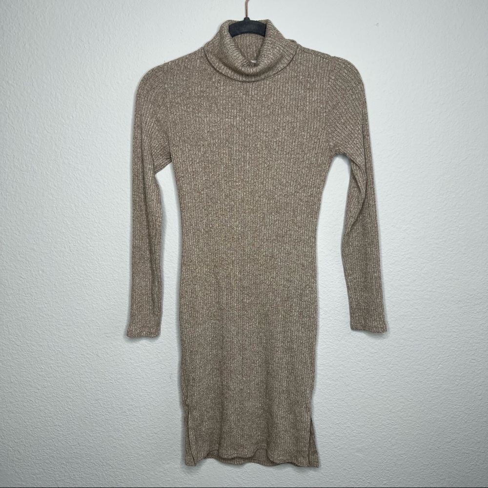 Charlotte Russe Turtleneck Oatmeal Brown Ribbed Long Sleeve Sweater Dress Size S